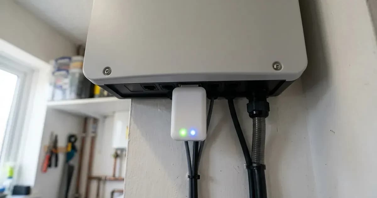 Wireless Wi-Fi datalogger dongle with status lights connected to the base of a solar inverter in a UK home. — SolarNevs spec card