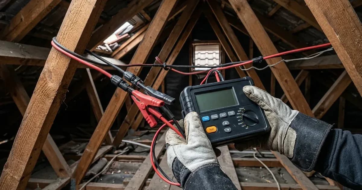 Electrician using an insulation resistance tester on solar string cables in a UK domestic loft space. — SolarNevs spec card