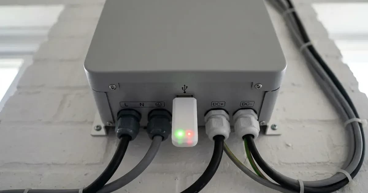 Wireless Wi-Fi datalogger dongle with status lights plugged into the underside port of a domestic solar inverter. — SolarNevs spec card