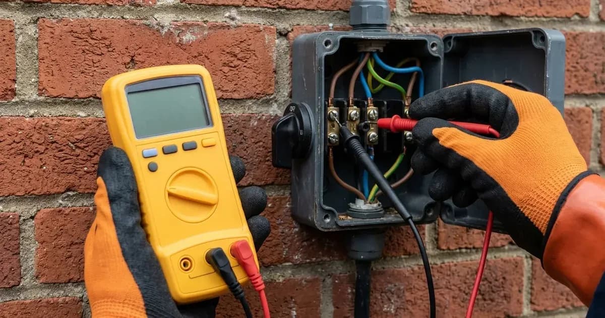 Electrician measuring voltage at an open AC rotary isolator switch using a digital multimeter on brick. — SolarNevs spec card