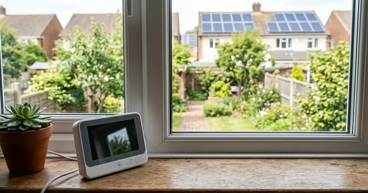Smart electricity meter display on a windowsill overlooking UK residential houses with rooftop solar panels. — SolarNevs spec card
