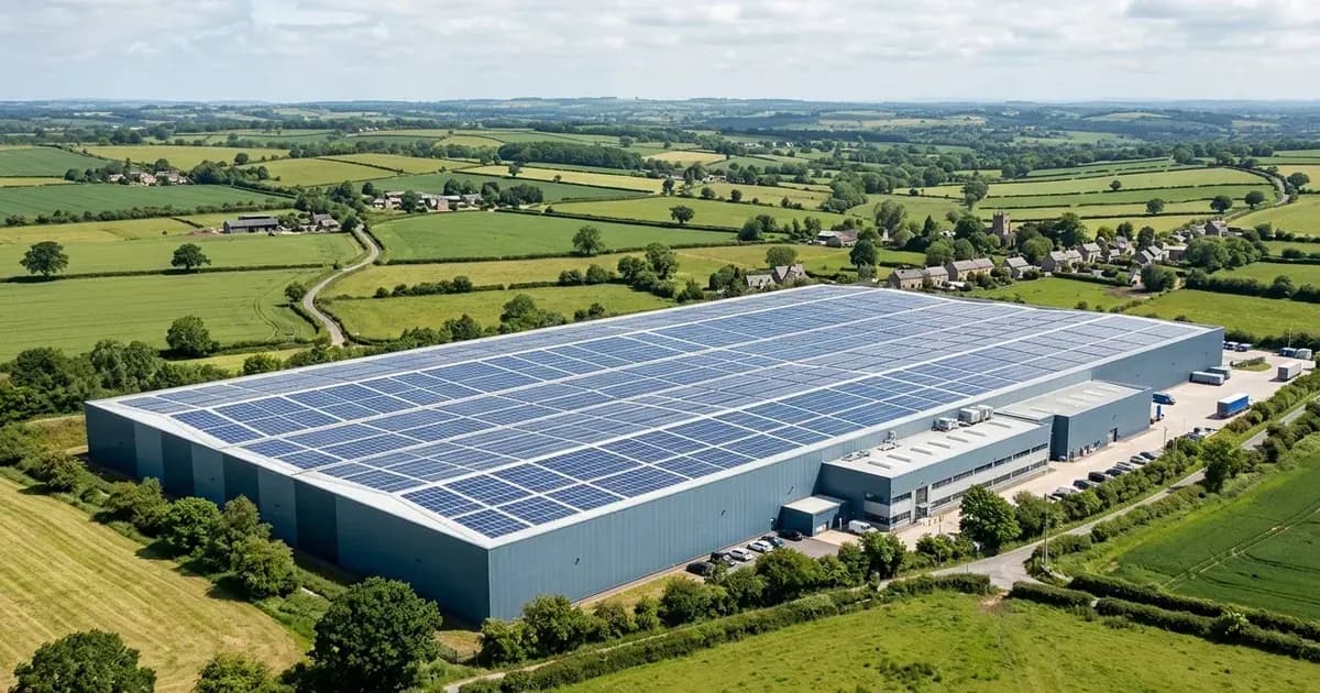 Commercial rooftop solar photovoltaic array on an industrial warehouse building in the UK. — SolarNevs spec card