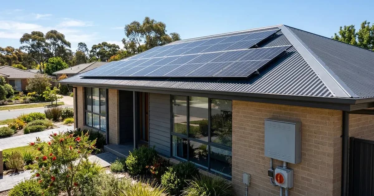 Rooftop solar array on a corrugated roof with exterior meter enclosure and AC isolator switch in Canberra, Australia. — SolarNevs spec card