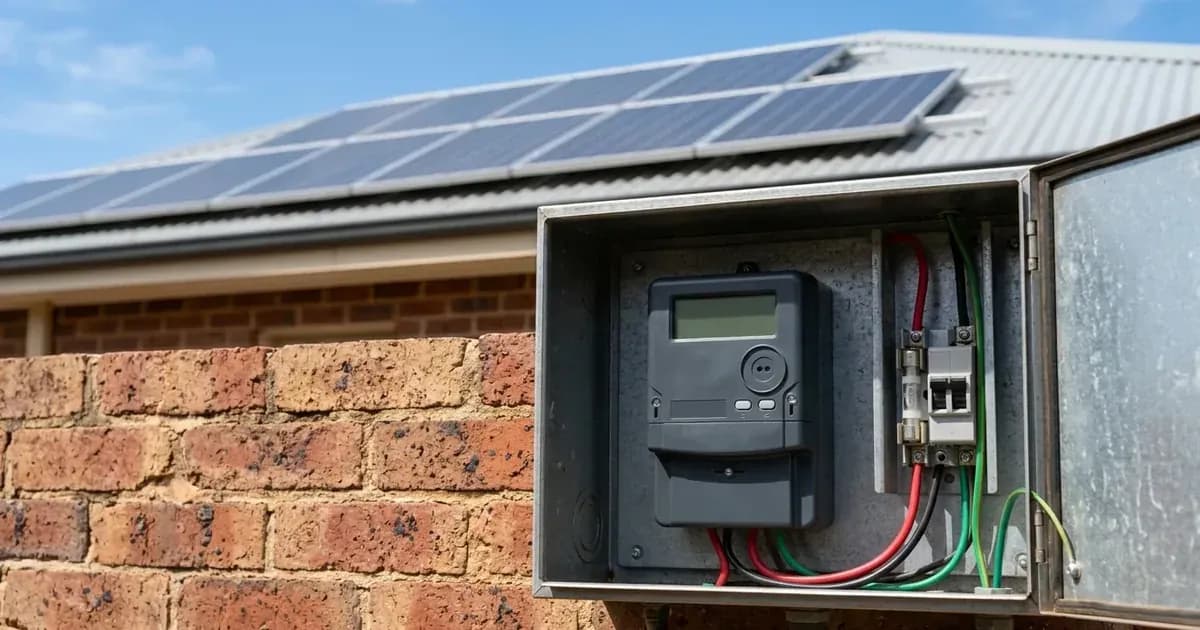 Digital electricity meter in an exterior box with rooftop solar panels visible on a Canberra home. — SolarNevs spec card