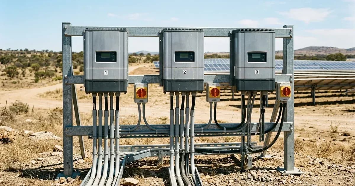 Three-phase commercial solar string inverters with conduit and AC isolators in Australia. — SolarNevs spec card