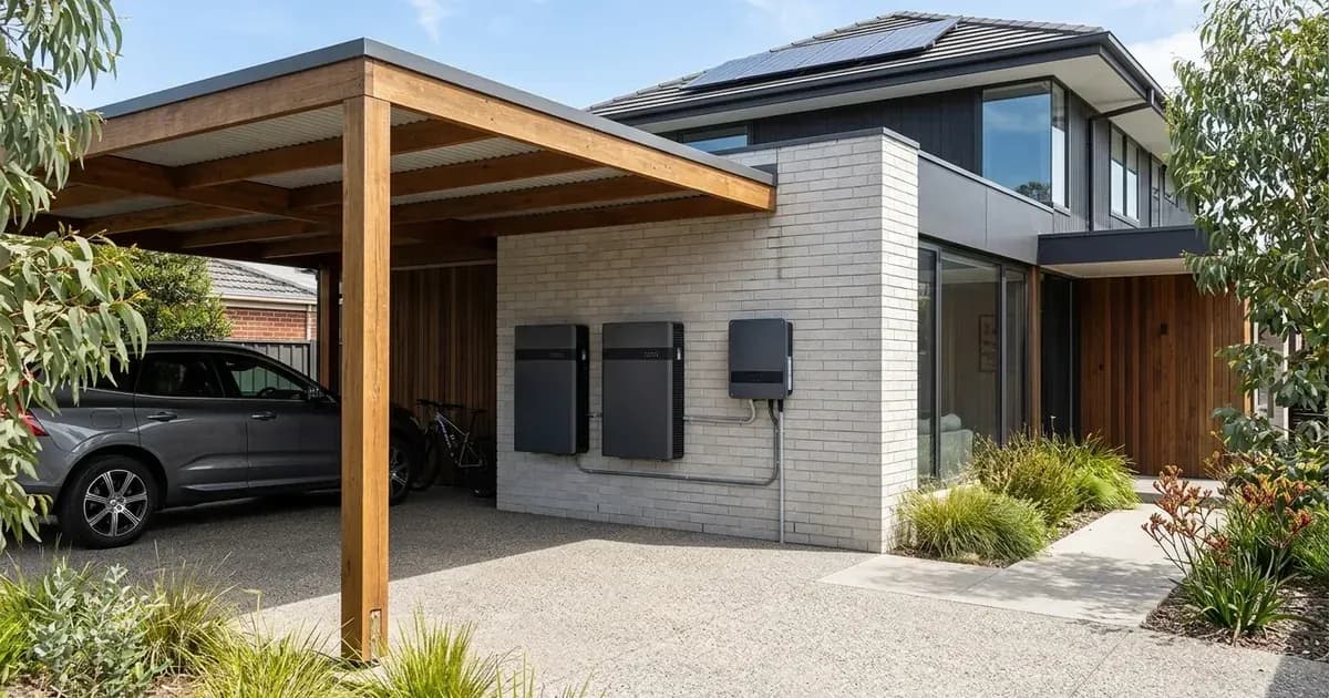 Residential lithium battery storage system mounted on a suburban Australian home exterior. — SolarNevs spec card