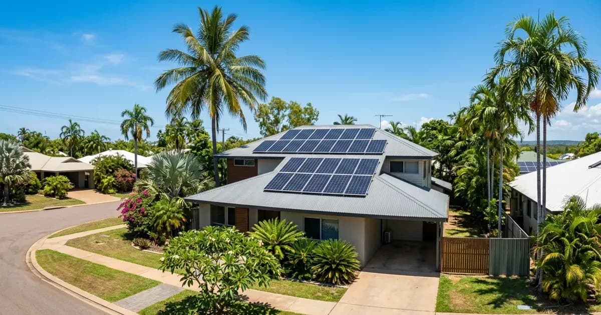Residential solar panels installed on a corrugated metal roof in Darwin, Australia under clear sky. — SolarNevs spec card