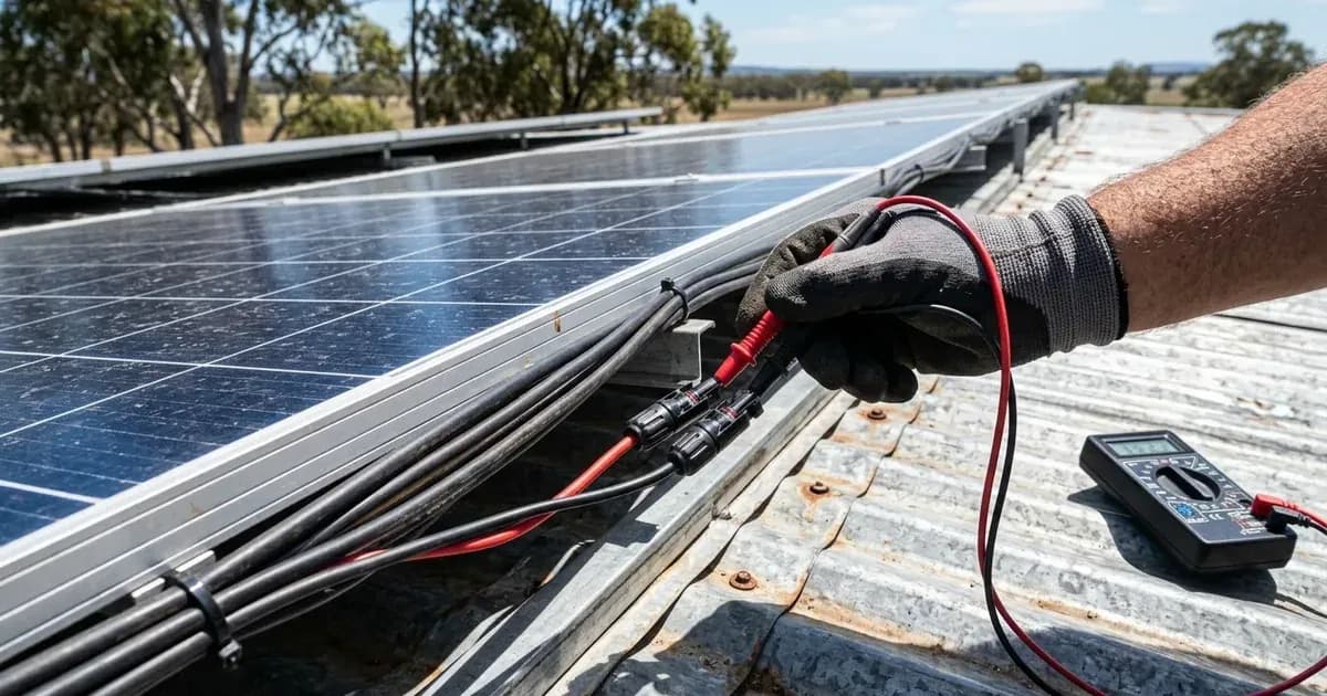 Multimeter probes testing solar panel MC4 cable connections on an Australian corrugated metal roof. — SolarNevs spec card