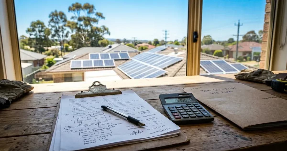 Solar site plan and paperwork on an office desk overlooking rooftop solar panels under bright Australian sun. — SolarNevs spec card