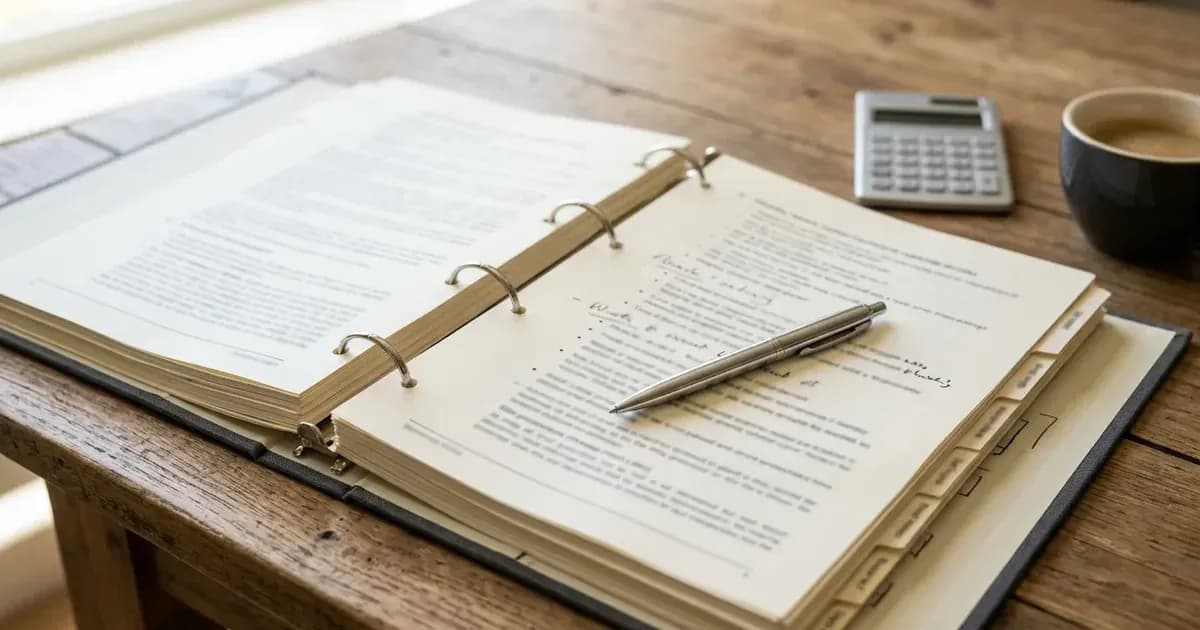 Open compliance binder with pen and calculator on a wooden office desk in natural daylight. — SolarNevs spec card