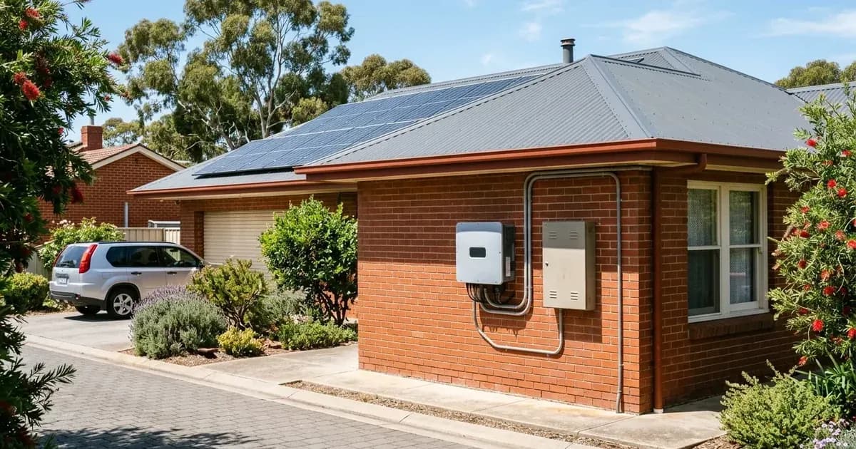 Rooftop solar panels on a South Australian home with an exterior wall-mounted inverter and utility enclosure. — SolarNevs spec card