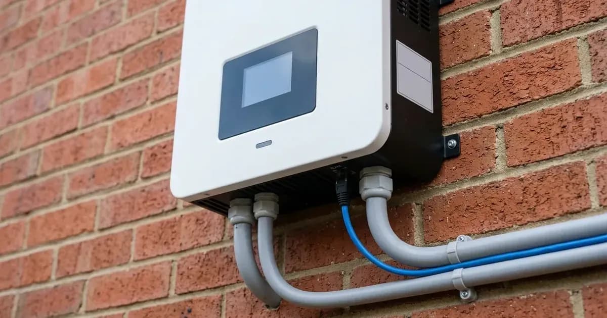 Wall-mounted solar inverter with network data cable and conduit installed on an exterior brick wall. — SolarNevs spec card