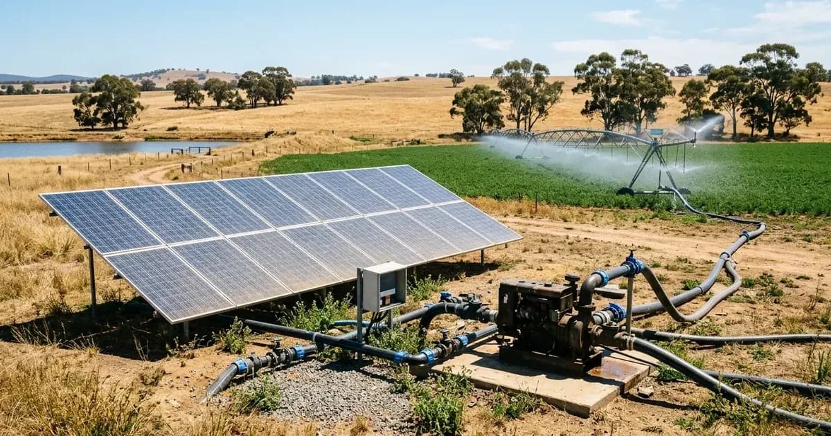 Ground-mounted solar panel array powering an agricultural water pump and irrigation system in a farm paddock. — SolarNevs spec card