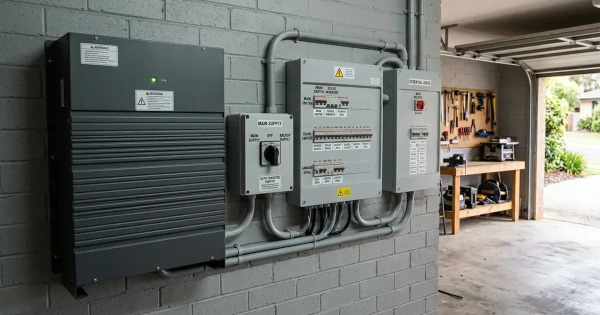 Wall-mounted solar battery with transfer switch, main switchboard, and essential loads sub-board on a garage wall. — SolarNevs spec card