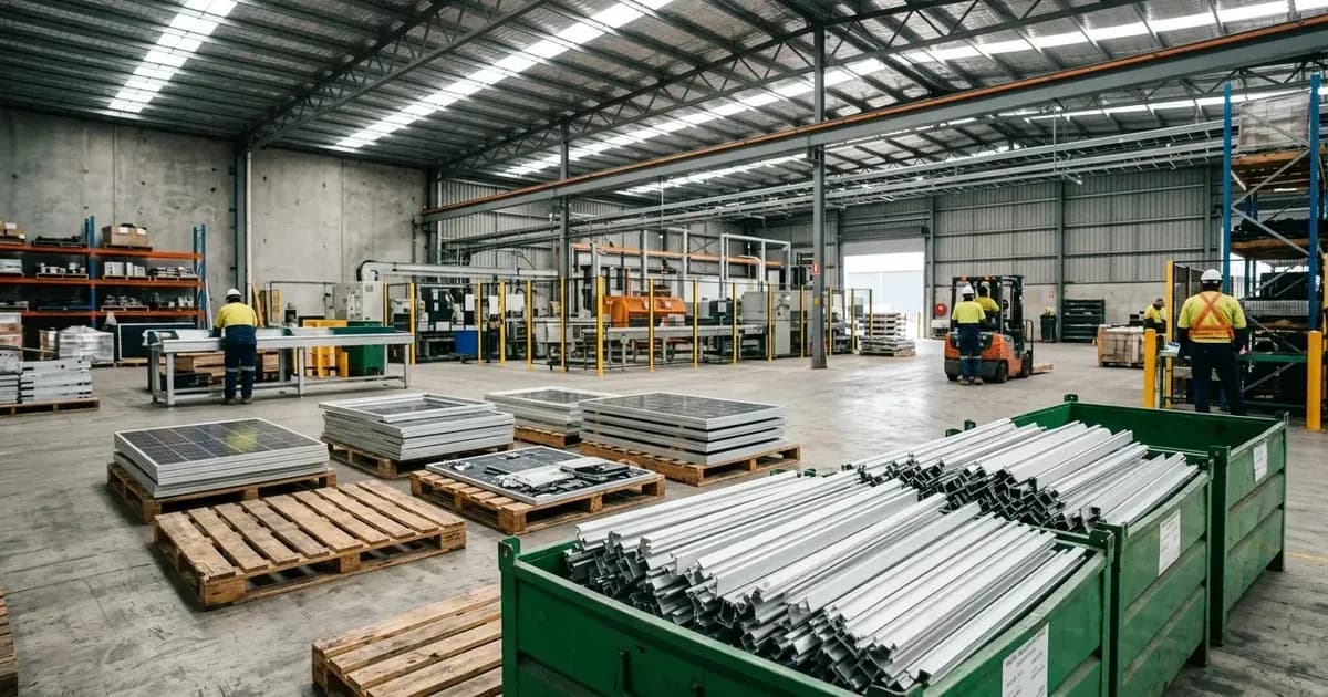 Solar panel dismantling and aluminum frame separation at an Australian recycling facility. — SolarNevs spec card