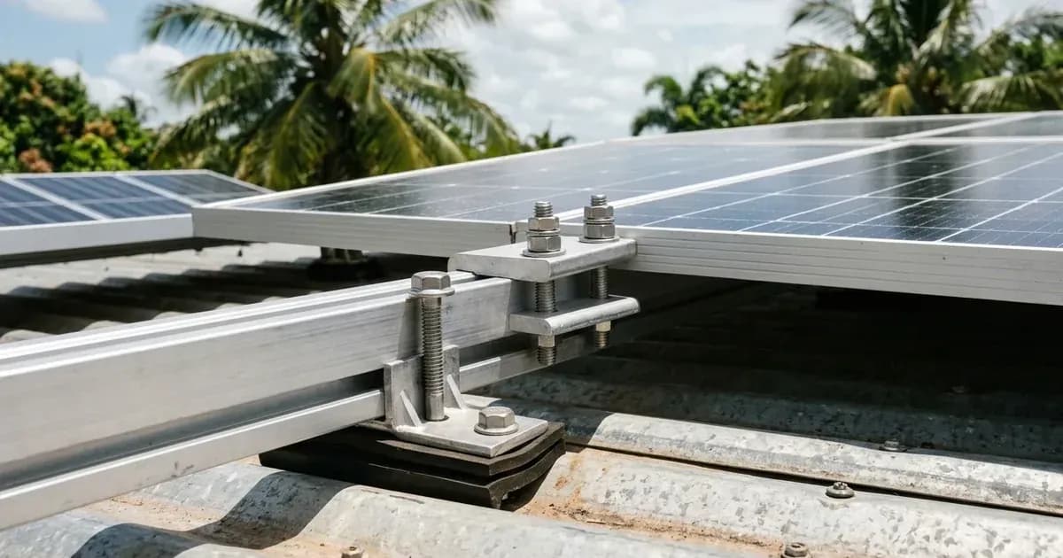 Heavy-duty cyclone-rated solar panel mounting rail and double clamp engineering on a corrugated metal roof. — SolarNevs spec card