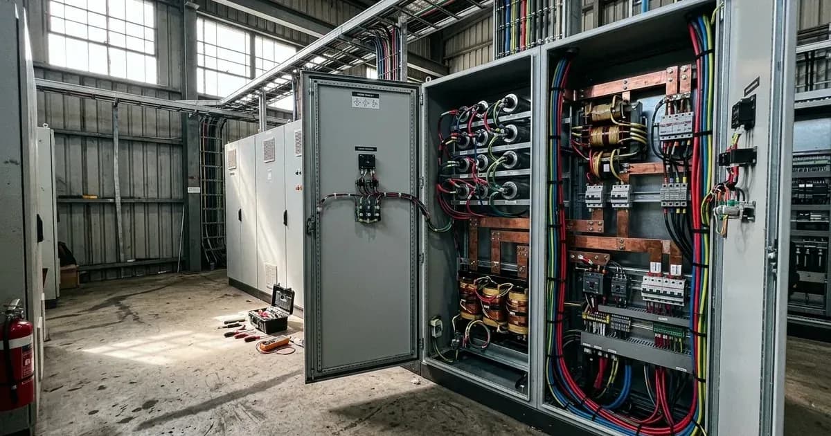 Open industrial power factor correction and harmonic filtering cabinet inside an electrical switchroom. — SolarNevs spec card