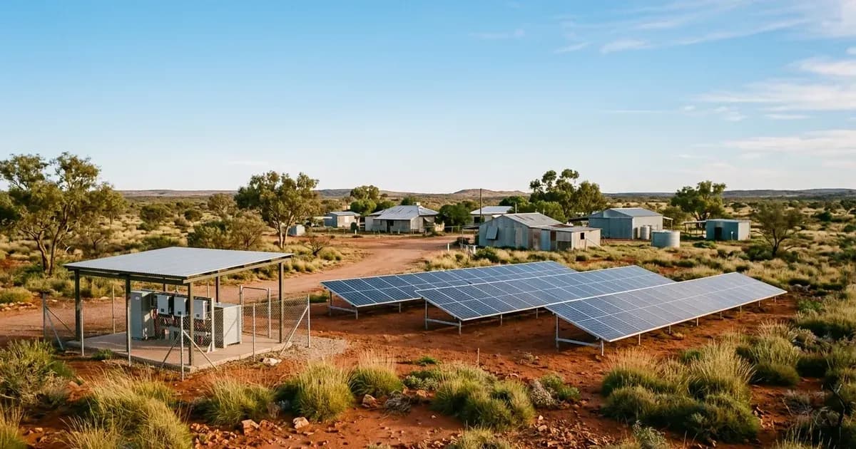 Remote outback community solar microgrid with ground-mounted PV panels and sheltered battery storage. — SolarNevs spec card