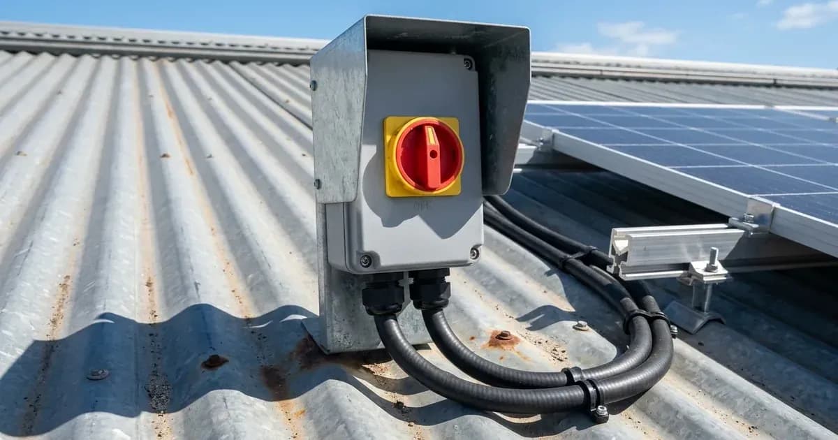 Rooftop DC isolator switch with protective sunshade enclosure mounted on an Australian corrugated metal roof. — SolarNevs spec card
