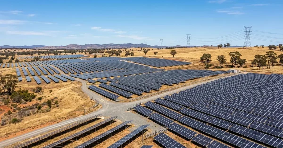 Utility-scale solar photovoltaic farm with high-voltage electricity transmission lines across Australian rural hills. — SolarNevs spec card