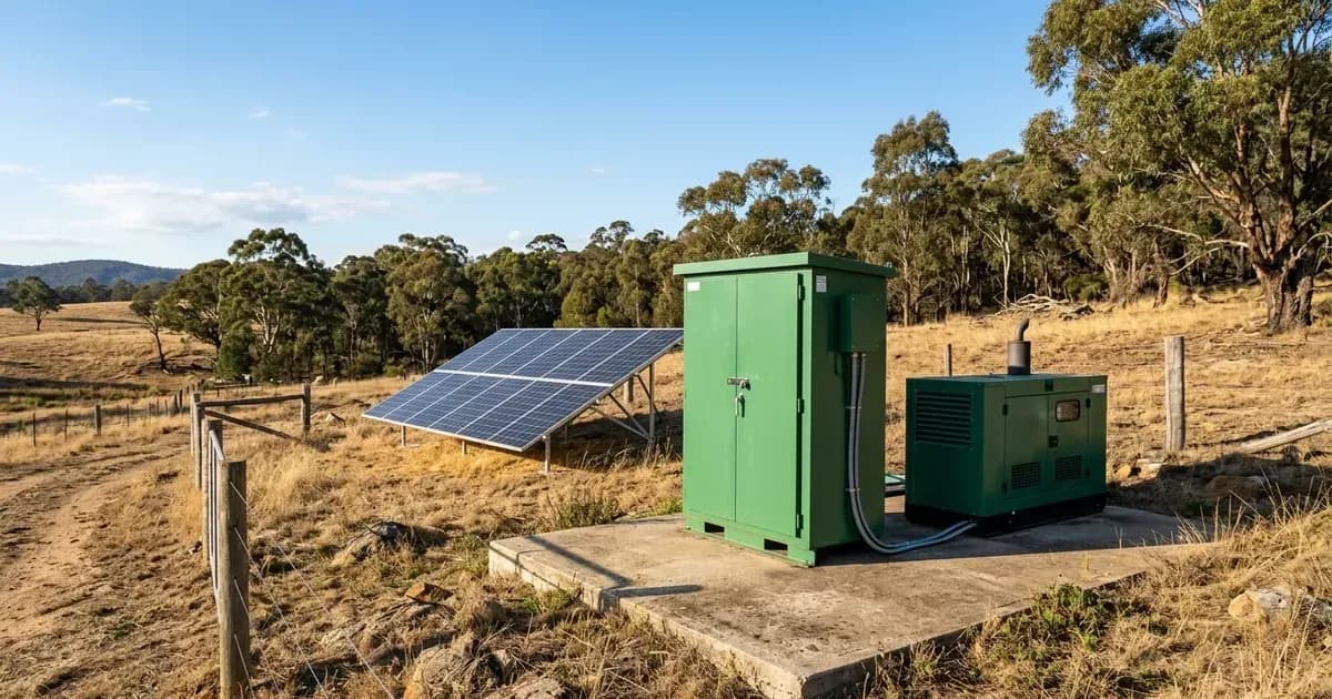 Australian standalone power system (SAPS) with ground solar array, battery cabinet, and backup generator. — SolarNevs spec card