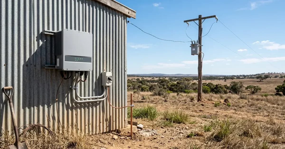 Solar inverter and earth stake on a corrugated shed wall connected to a rural Australian SWER power line. — SolarNevs spec card