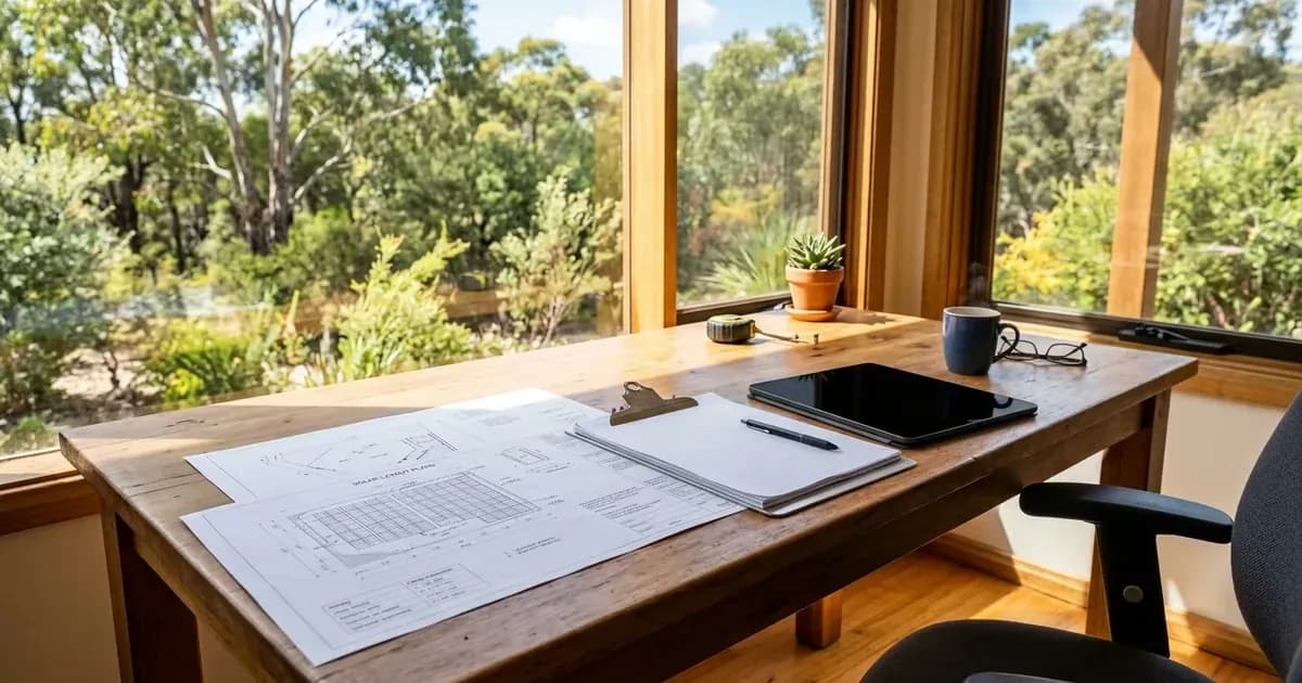 Professional office desk with blank documents and solar installation blueprints overlooking Australian gum trees. — SolarNevs spec card
