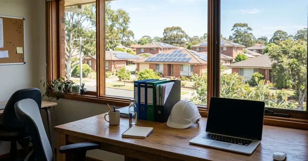Solar company office desk with folders, hard hat, and laptop overlooking Australian houses with rooftop solar. — SolarNevs spec card
