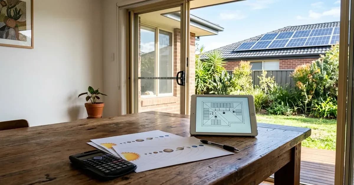 Dining table with tablet showing solar design overlooking an Australian backyard and rooftop solar array. — SolarNevs spec card
