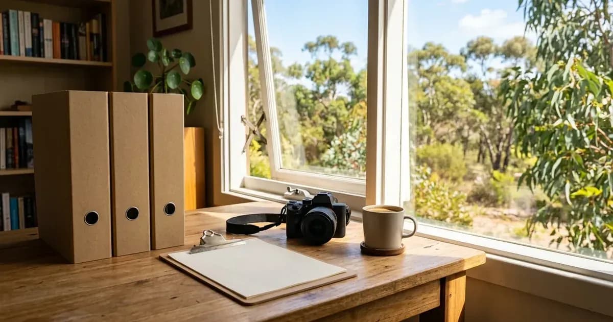 Office desk with unbranded binders, camera, and clipboard beside a window overlooking Australian gum trees. — SolarNevs spec card