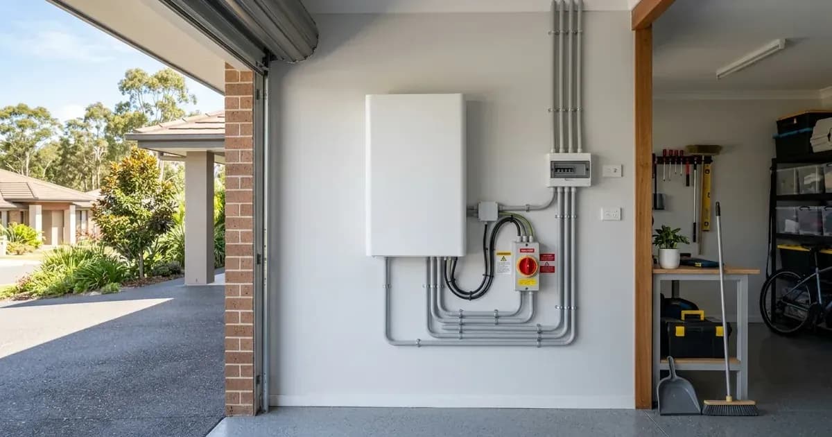 Modern residential battery storage system installed in an Australian garage with open door to sunny street. — SolarNevs spec card