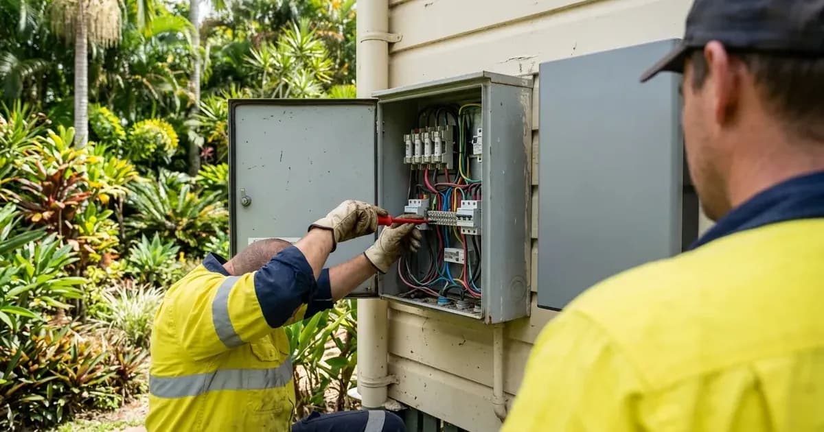 Electricians in high-vis shirts wiring an outdoor residential switchboard on a Queensland home. — SolarNevs spec card