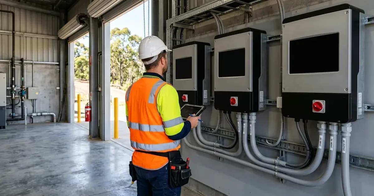 Engineer inspecting a row of commercial solar string inverters with blank displays in an equipment room. — SolarNevs spec card