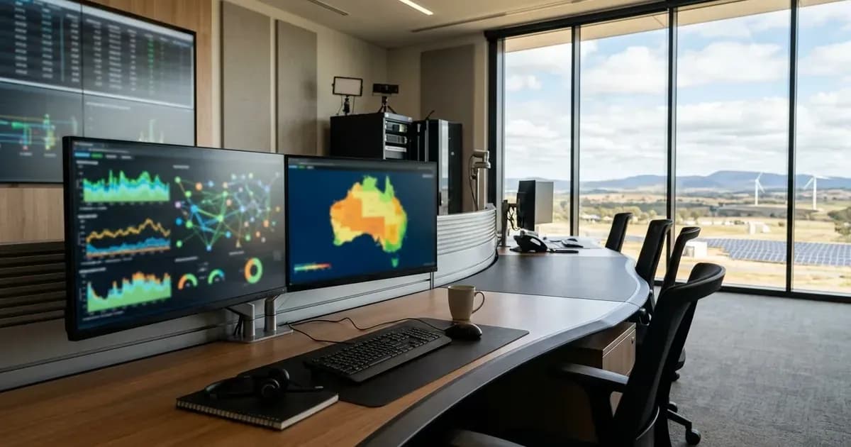 Power grid operations console displaying Australian renewable energy charts and heatmaps beside scenic windows. — SolarNevs spec card