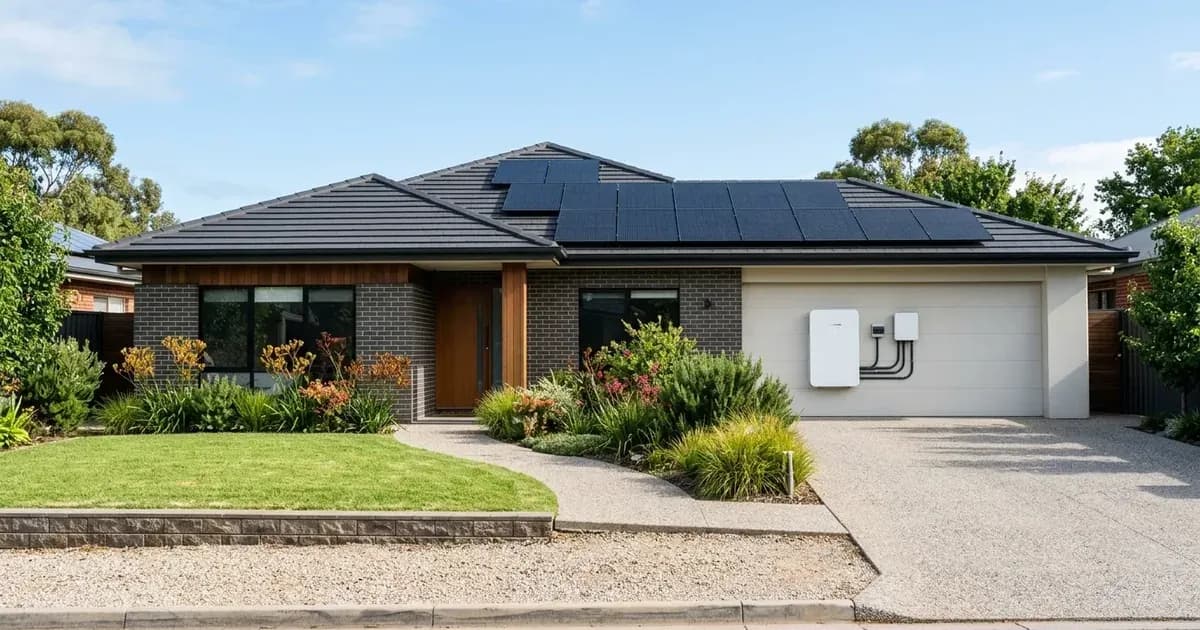 Modern Australian home featuring rooftop solar panels and wall-mounted battery storage beside the garage. — SolarNevs spec card