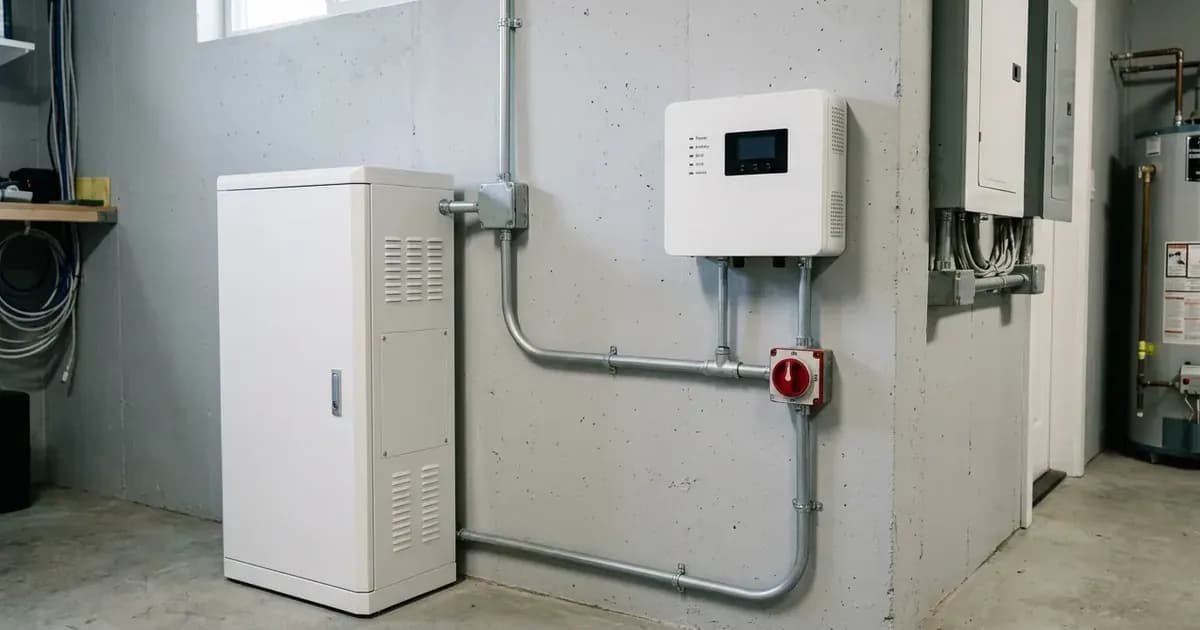 Floor-standing battery storage cabinet and wall-mounted gateway unit connected in a residential utility room. — SolarNevs spec card