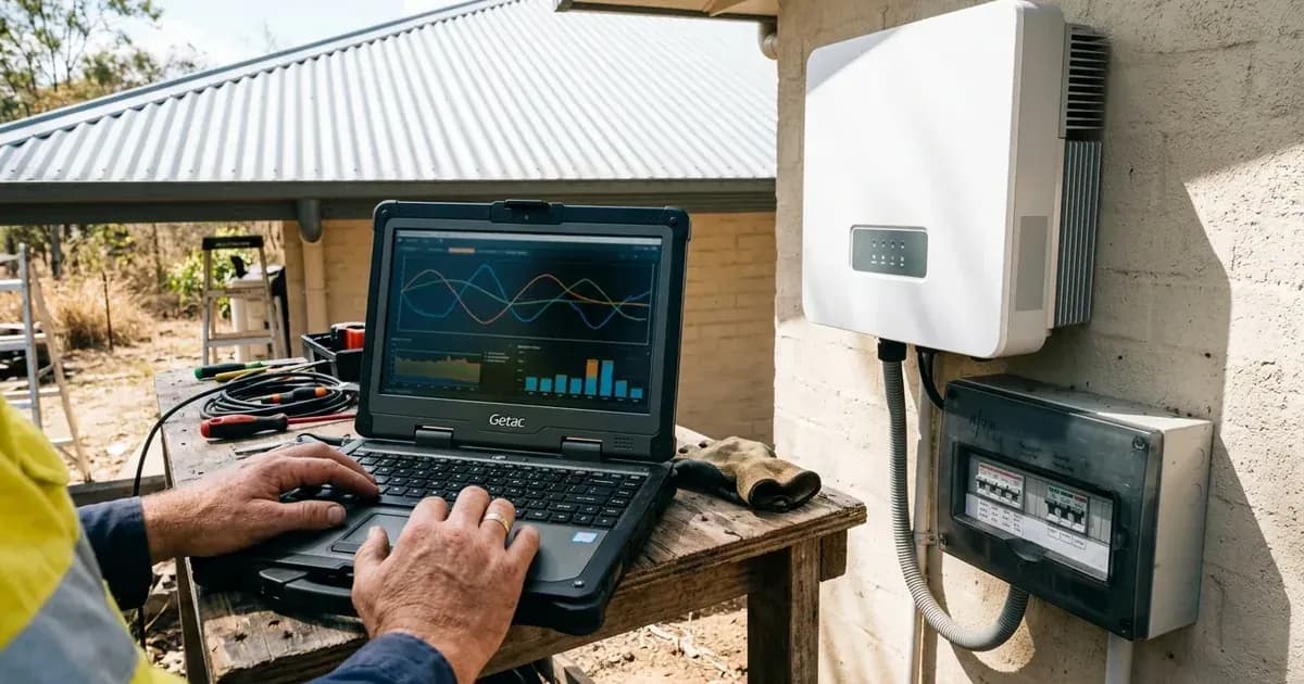 Engineer reviewing inverter operating telemetry charts on a rugged laptop at an outdoor Queensland solar setup. — SolarNevs spec card