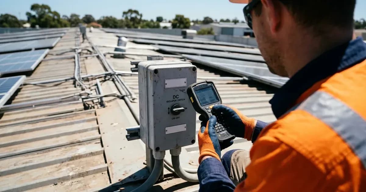 Installer scanning a rooftop DC isolator switch on a commercial metal roof during an Australian solar audit. — SolarNevs spec card