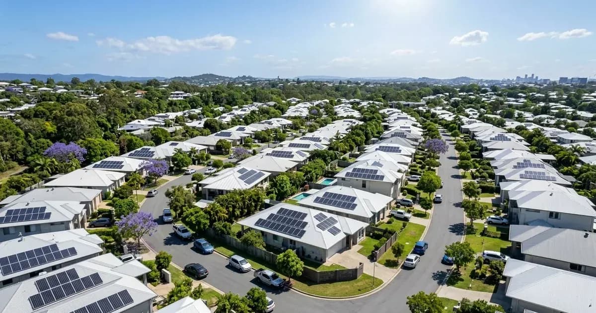 Aerial view of suburban Brisbane homes with rooftop solar panel installations on light-colored metal roofs. — SolarNevs spec card