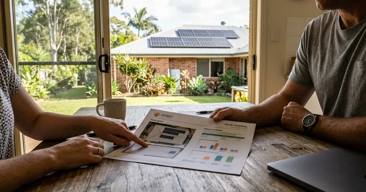 Australian homeowners reviewing a solar proposal and rebate summary sheet at a sunlit kitchen table. — SolarNevs spec card