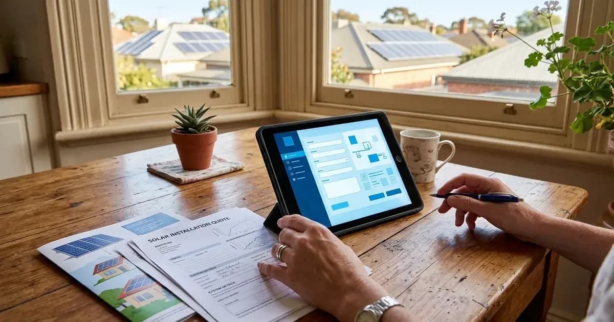 Homeowner reviewing solar quotes and application portal on a tablet by a sunlit window. — SolarNevs spec card