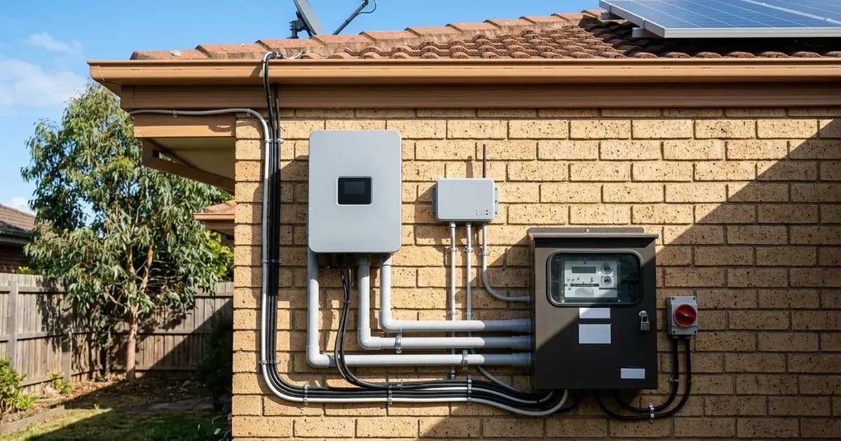 Unbranded solar inverter, gateway telemetry box, and meter panel mounted on an exterior residential brick wall. — SolarNevs spec card