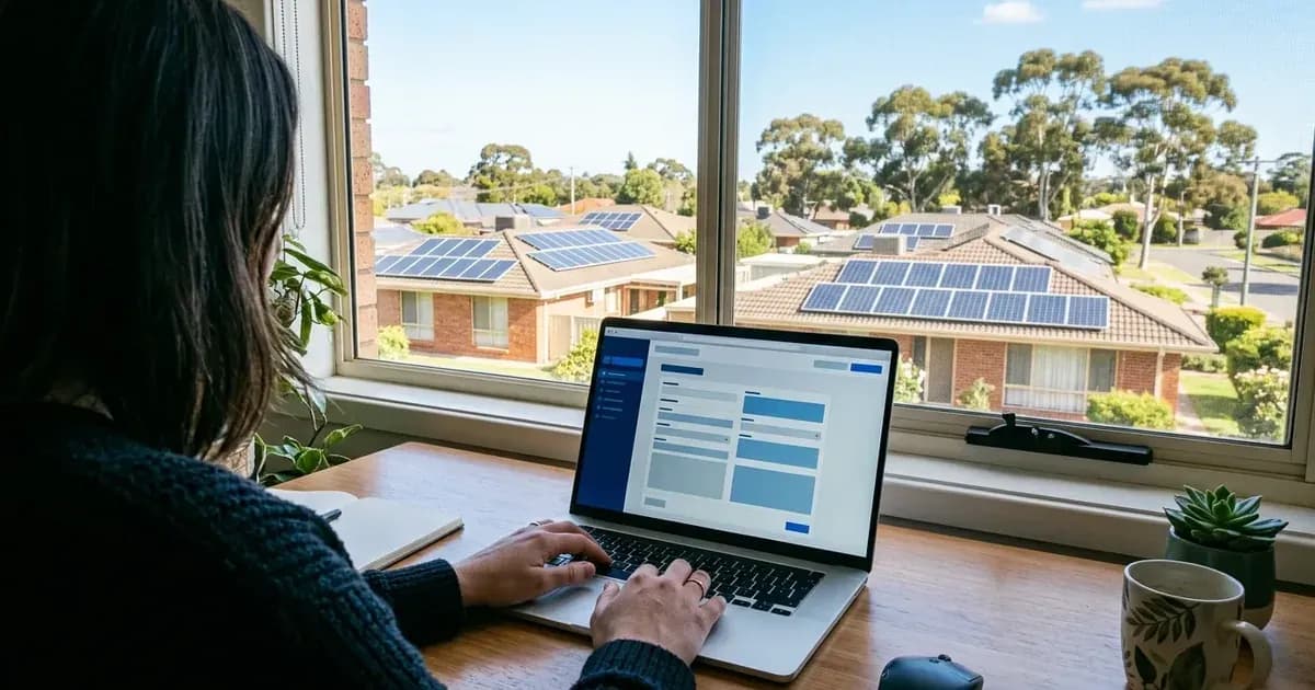 Homeowner submitting a solar connection application online with suburban rooftop solar visible outside. — SolarNevs spec card