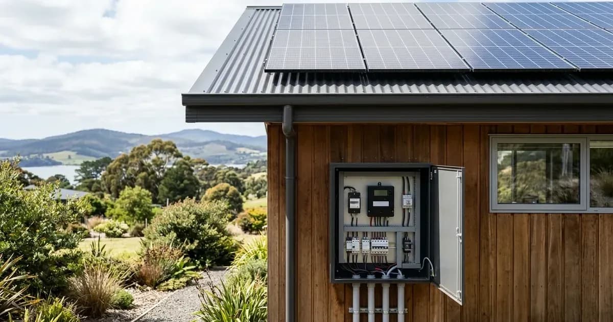 Open electrical service panel with smart meter and export switchgear on a Tasmanian home. — SolarNevs spec card