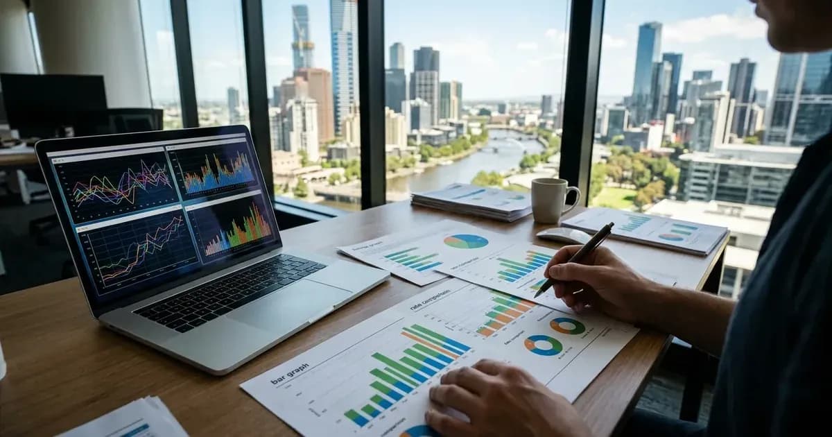 Energy analyst examining solar feed-in tariff charts at a desk overlooking the Melbourne skyline. — SolarNevs spec card