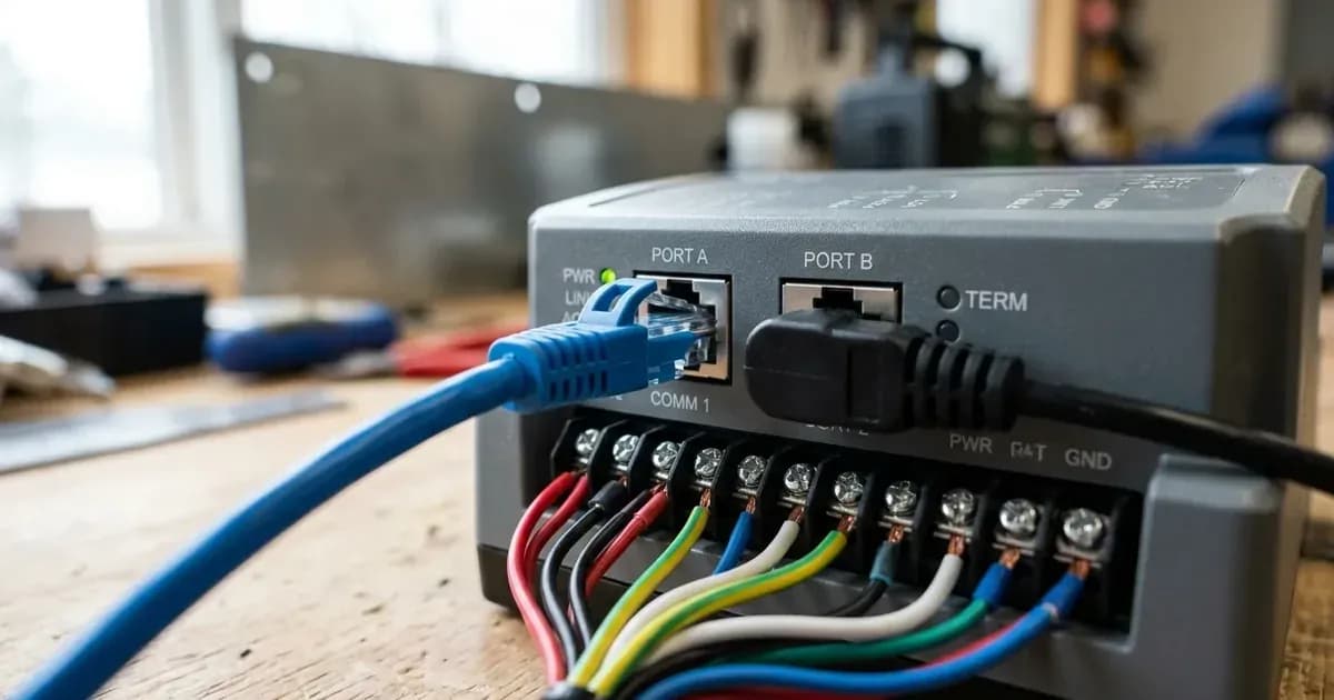 Close-up of communication cable and bus terminator connected to an energy management hub. — SolarNevs spec card