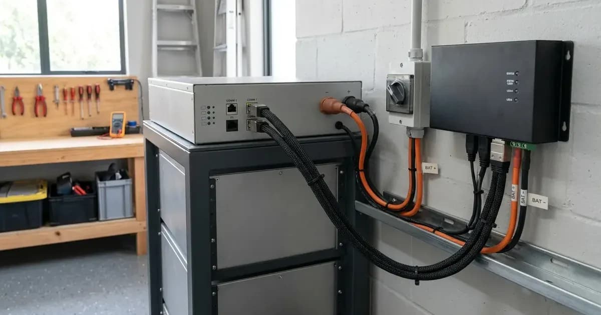 Rack-mounted battery module connected via communication cables to a wall-mounted energy controller. — SolarNevs spec card