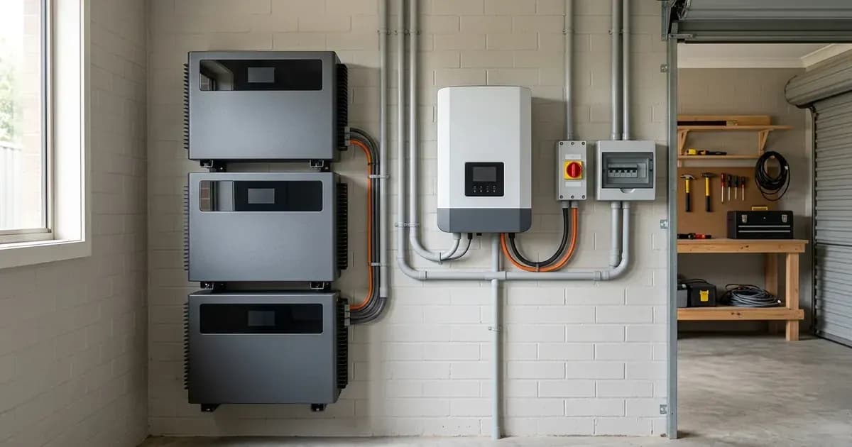 Modular home battery storage system and hybrid inverter installed on garage brick wall in Australia. — SolarNevs spec card