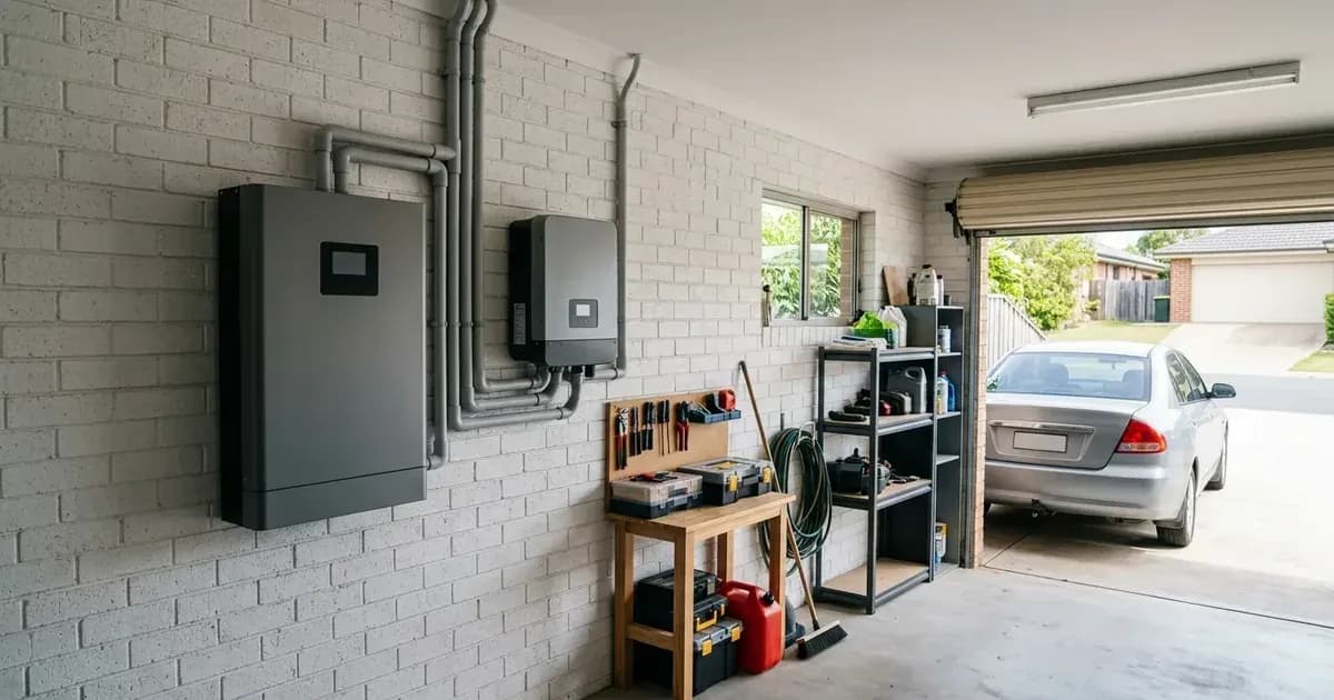 Wall-mounted lithium solar battery and hybrid inverter installed on garage brick wall in Australia. — SolarNevs spec card