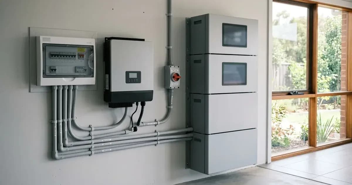Wall-mounted solar battery storage system and hybrid inverter installed alongside electrical panel in Australia. — SolarNevs spec card